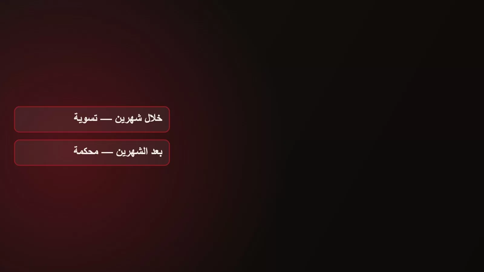 رسم على خلفية داكنة يقابل بين التسوية خلال شهرين والاحالة الى المحكمة بعدها