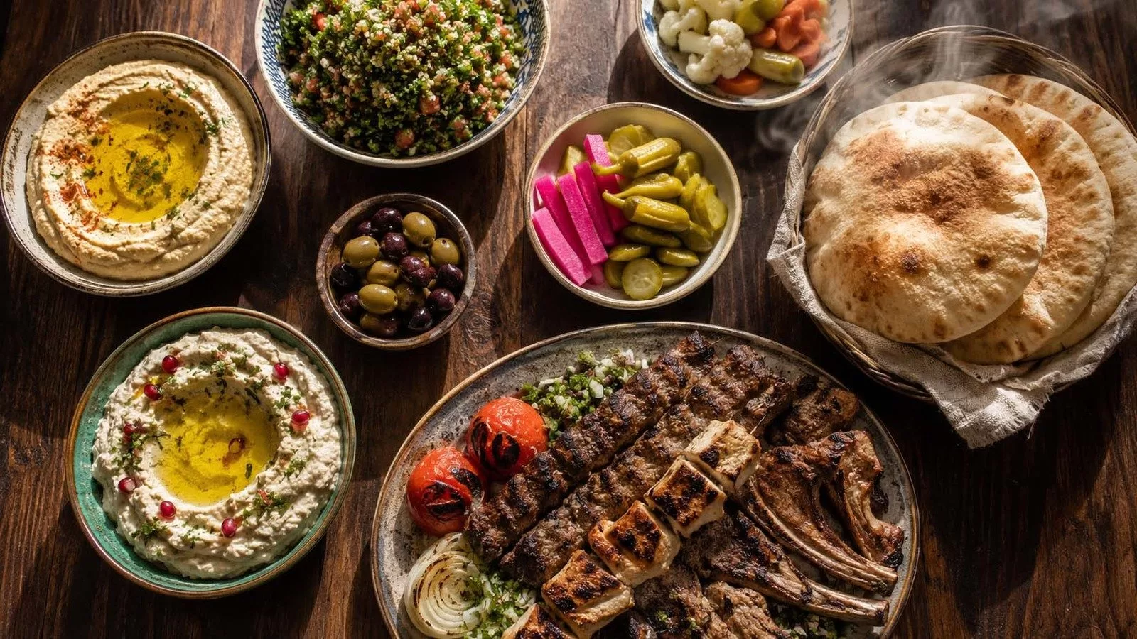 مائدة مقبلات ومشاوي لبنانية مع خبز طازج