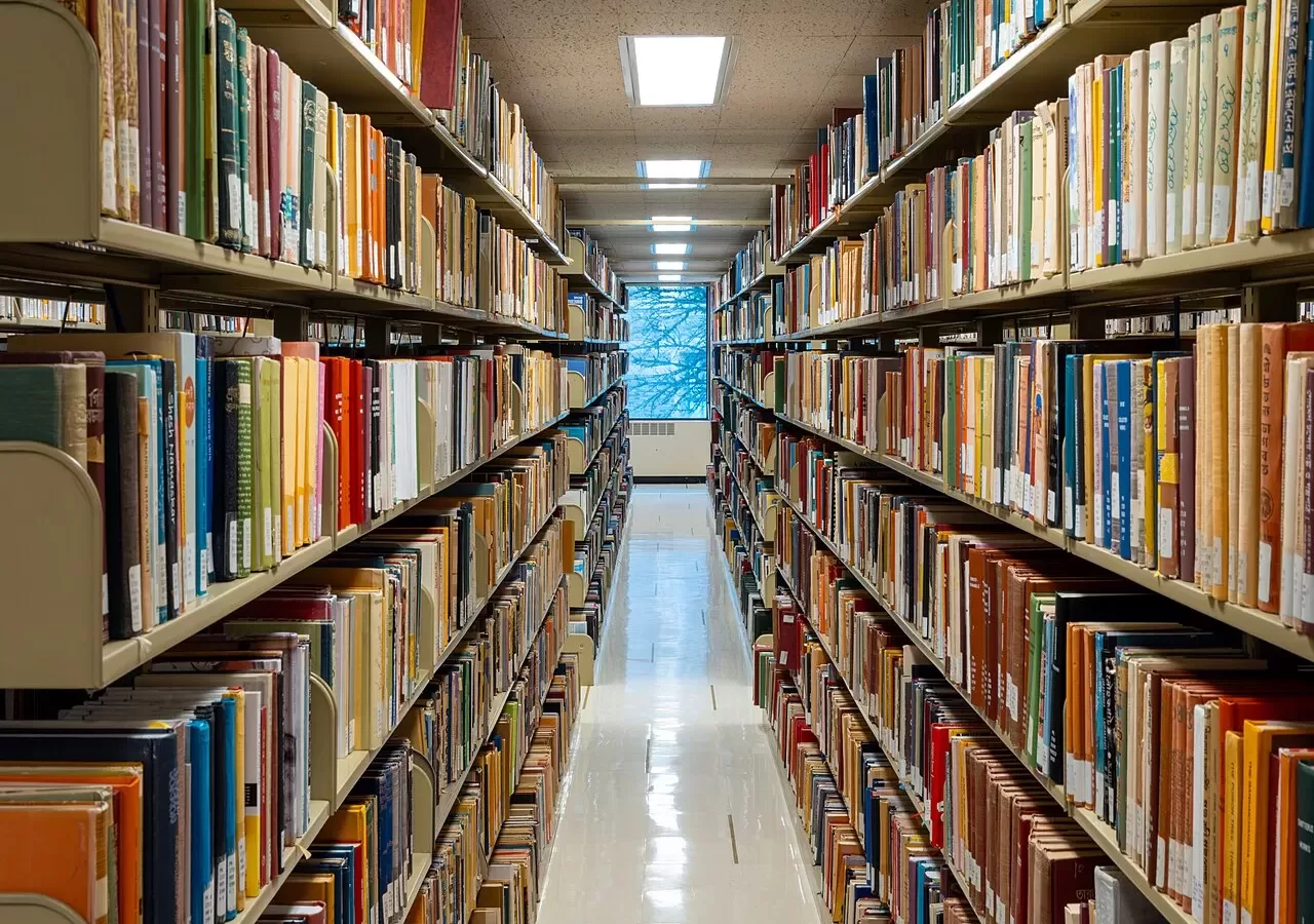 An aisle between library shelves