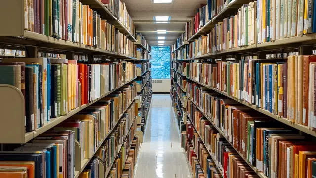An aisle between library shelves