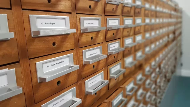A filing cabinet with drawers