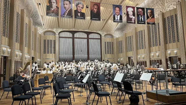 A concert hall stage seen from the auditorium