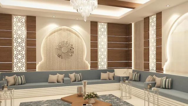 The interior of a Kuwaiti diwaniya with floor seating and cushions