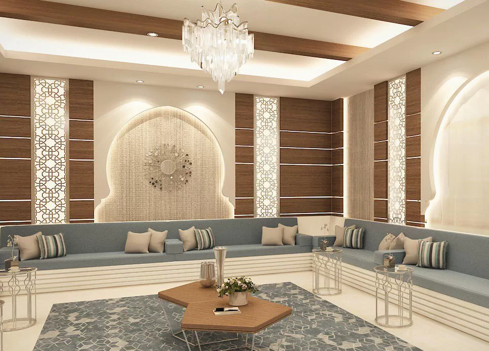 The interior of a Kuwaiti diwaniya with floor seating and cushions