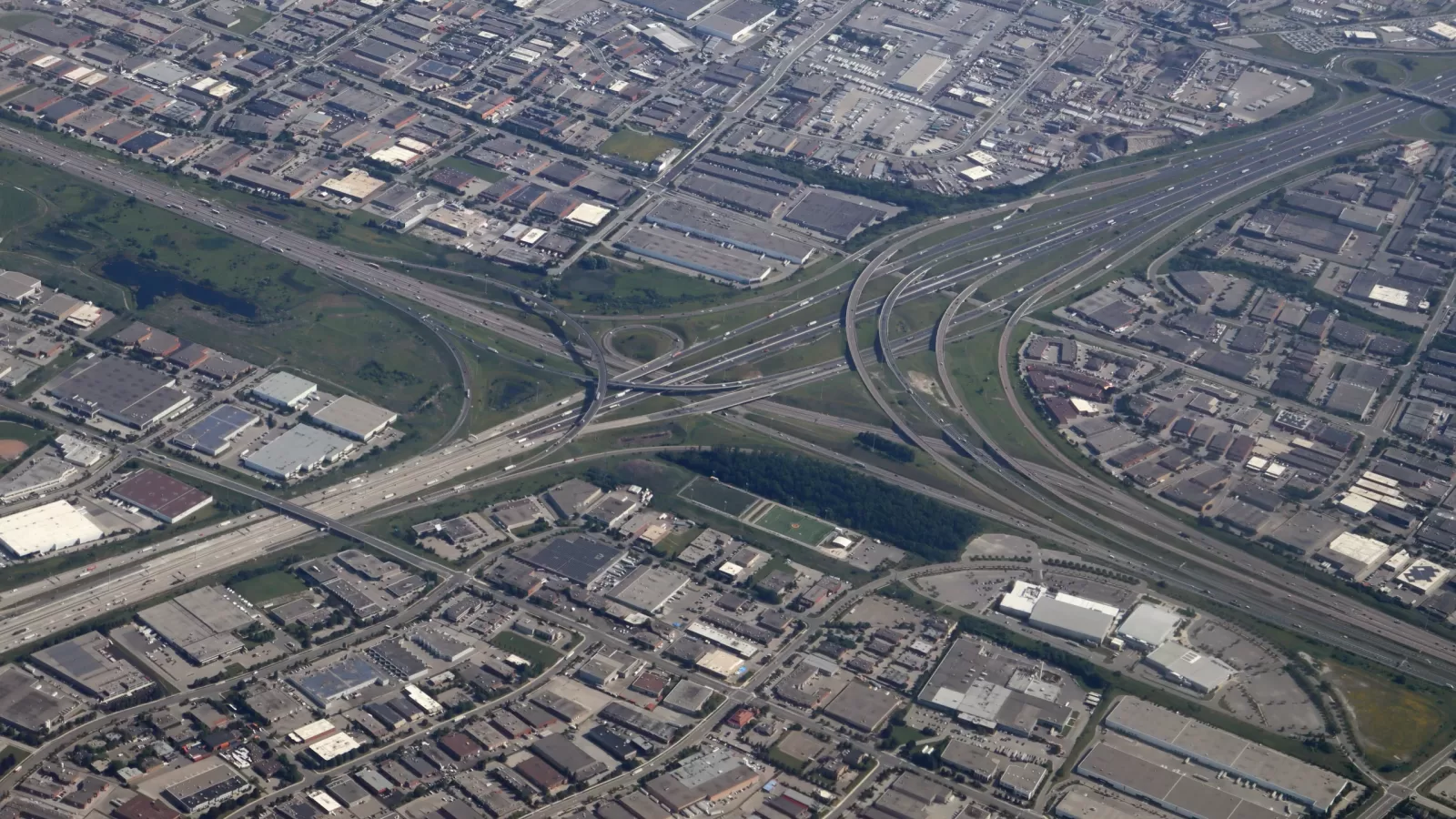 An aerial view of a highway interchange