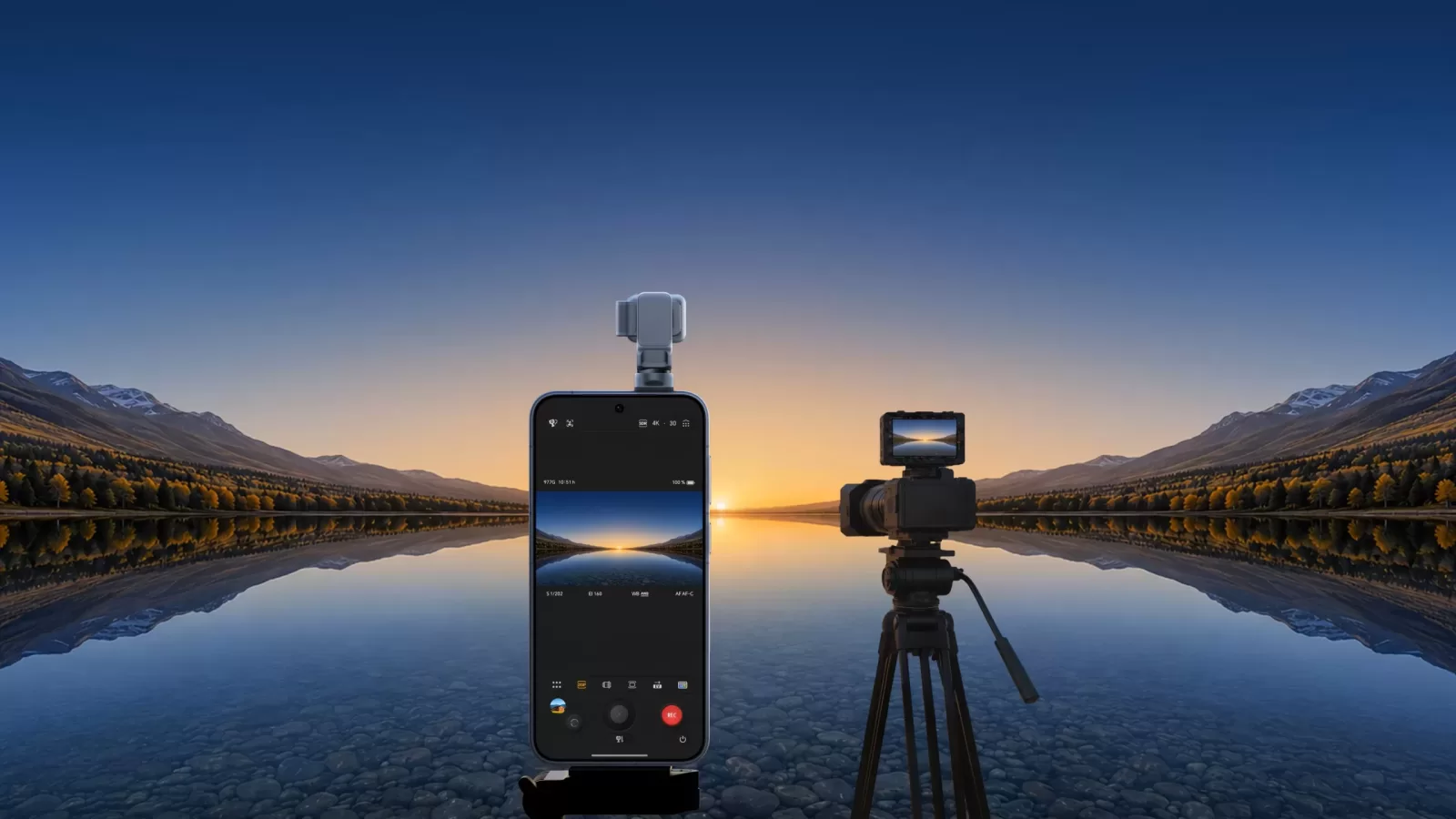 A phone with a mechanical gimbal standing beside a professional camera
