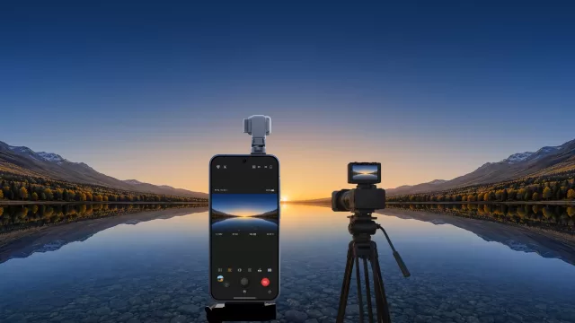 A phone with a mechanical gimbal standing beside a professional camera