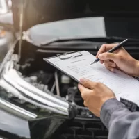 فاحص يملا قائمة فحص امام سيارة مفتوحة الغطاء